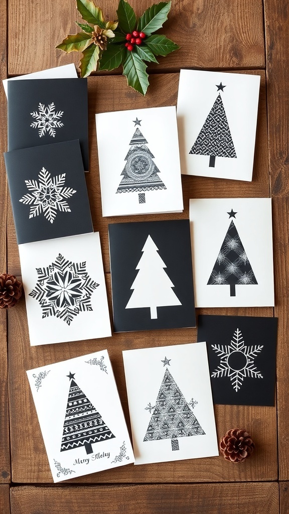 Elegant Black and White Christmas Card Ideas Elegant black and white Christmas cards with various designs on a wooden table.
